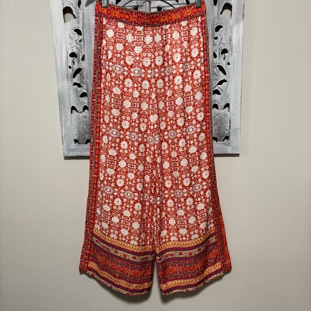 NEW Anthropologie Vale Orange/Pink Patterned Wide Leg Boho Palazzo Pants - Picture 7 of 14